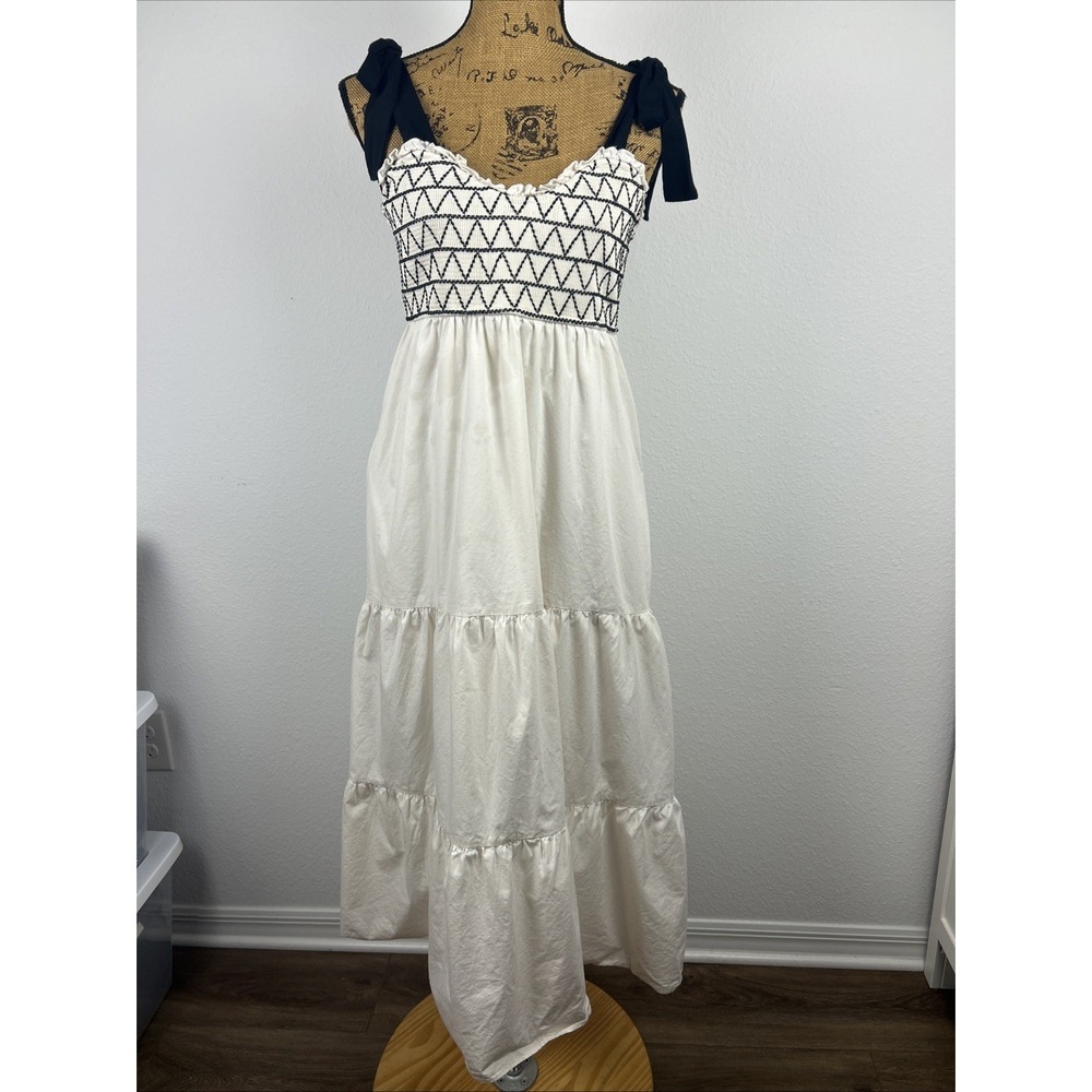 Trixxi Maxi Sun Dress XL Ivory Smocked Tiered‎ Black Bow Strap Pockets - Picture 2 of 9